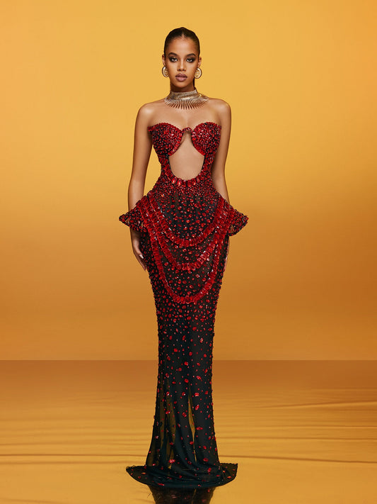 Strapless Cutout Crystal Maxi Dress In Wine