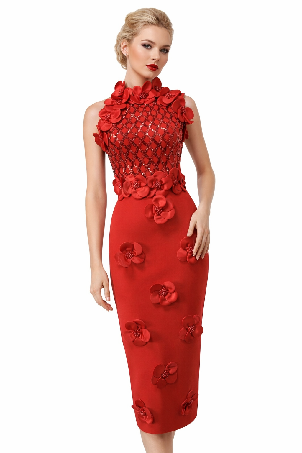 Floral Sequin Maxi Dress Red