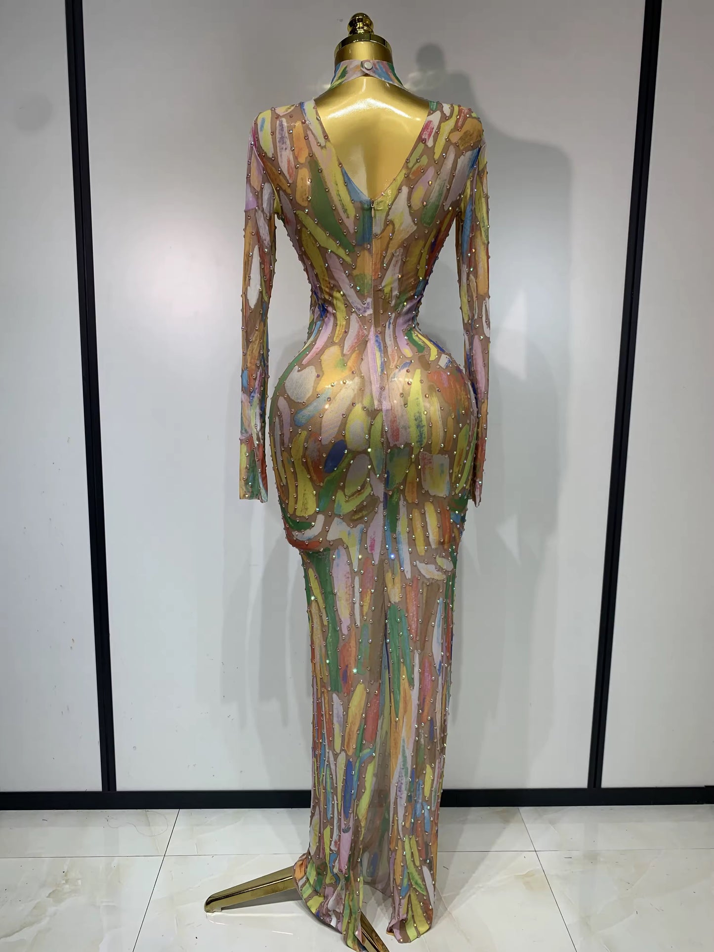 Sparkly Rhinestone Stretchy Mesh See Through dress