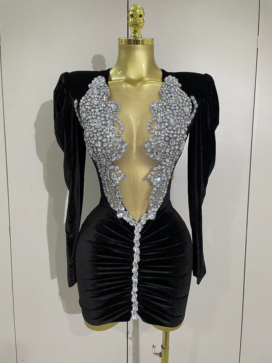 Sparkly Crystals Sexy Mesh Black Velvet Short Dress