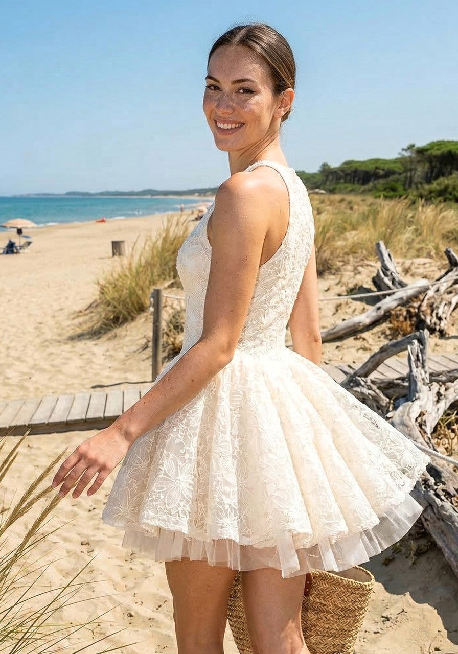 Halter Floral A Line Dress Ivory