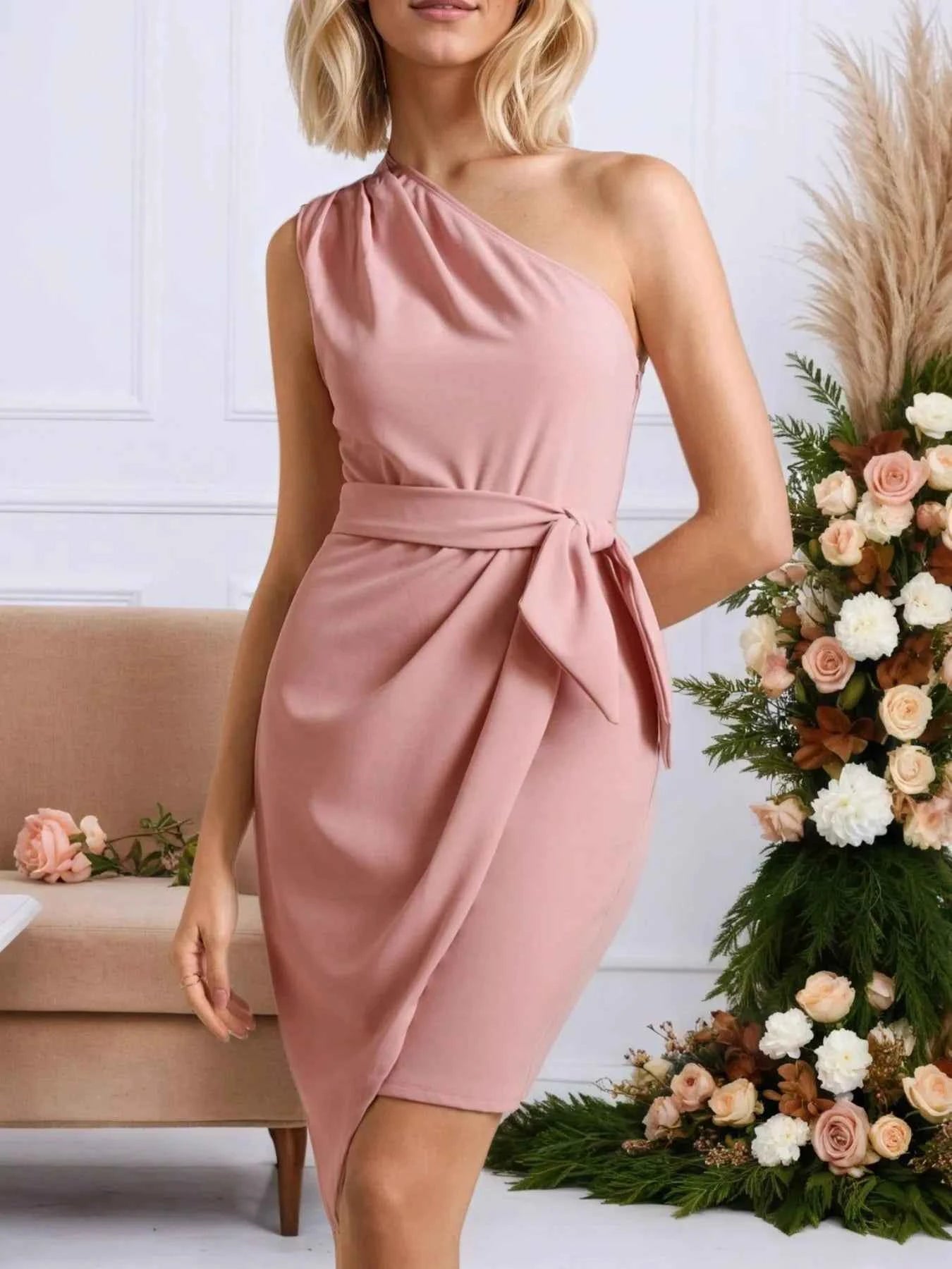 One-Shoulder Wrap Dress with Bow Detail