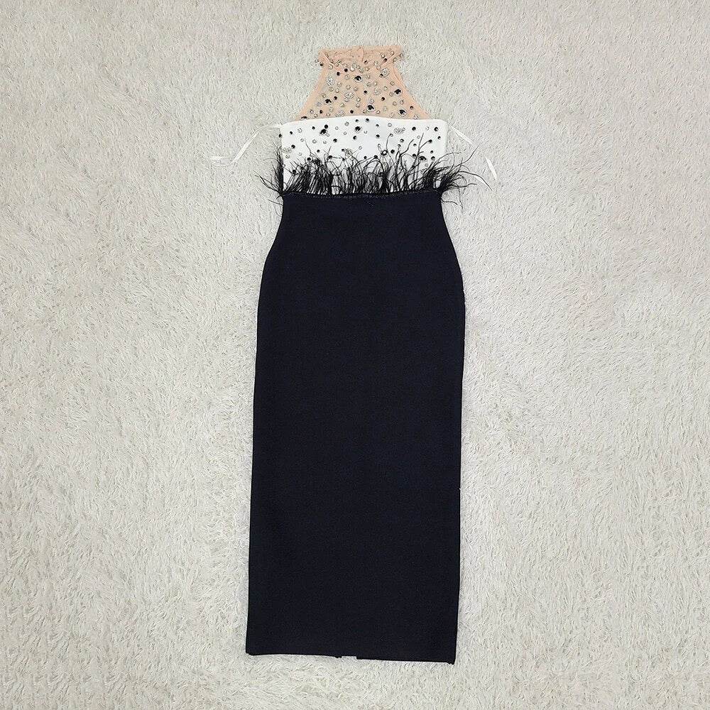 Patchwork Sexy Sleeveless Luxury Diamond Feather Tight Midi dress - REBECATHELABEL