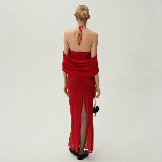 Open Back Hanging Neck Sleeveless 3D Flower Long Bandage Dress - REBECATHELABEL