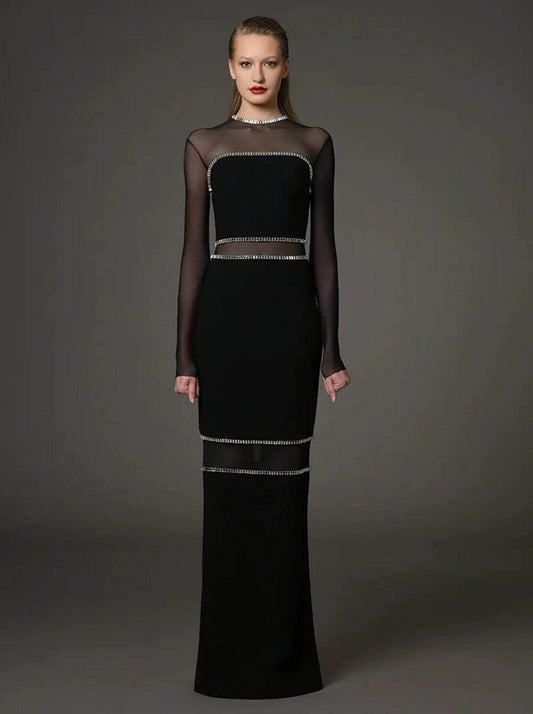 Spliced Mesh Diamond Tight Bandage Long dress - REBECATHELABEL