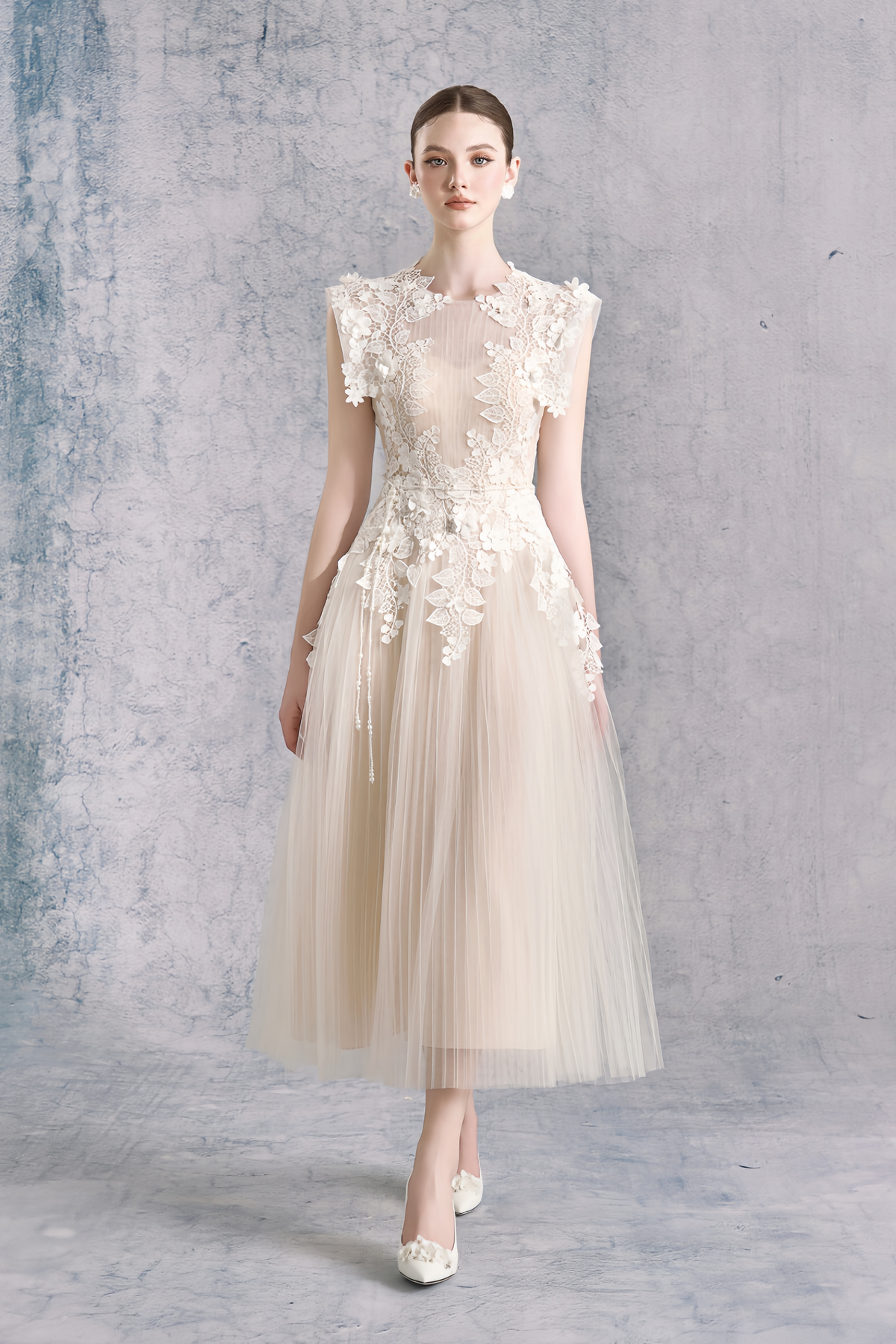 Flower-appliqué Tulle Midi Dress
