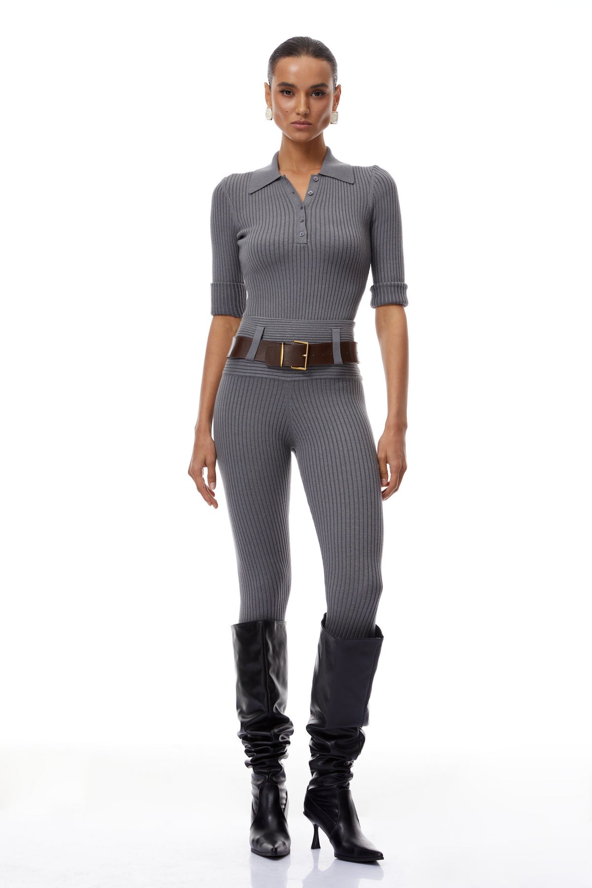 Grey Ribbed Knit Bodysuit & Trousers Set