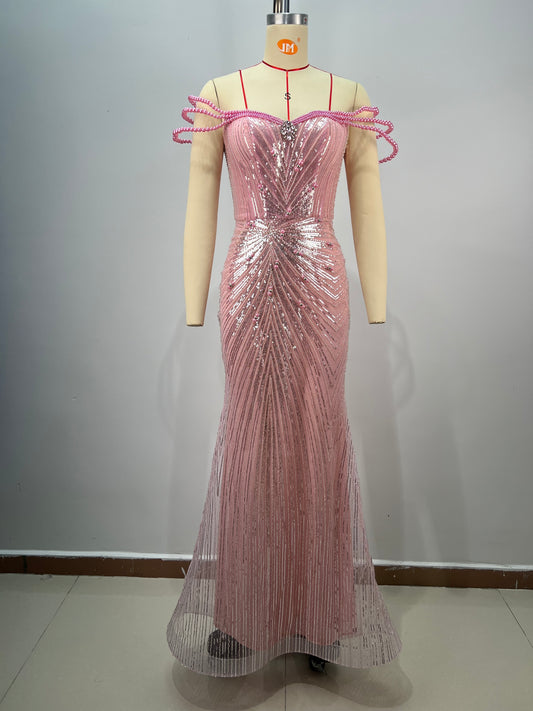 Pink Off Shoulder Formal Evening Dress