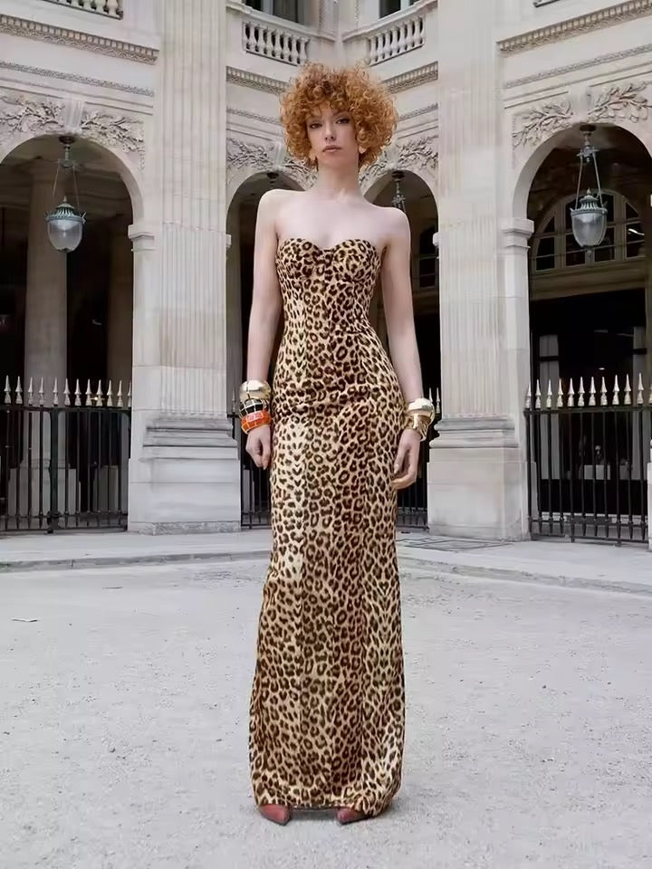 Strapless Leopard Print Split Long Dress