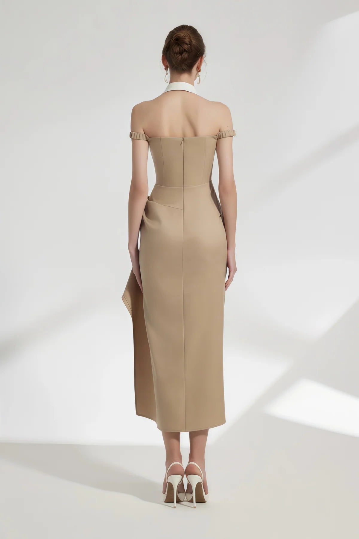 Khaki Halterneck Asymmetrical Gathered Midi Dress