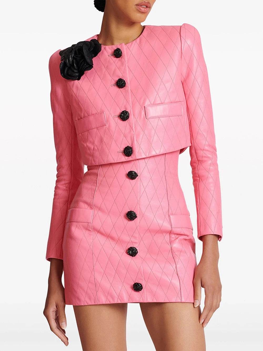 Pink Diamond Quilted Short Leather Jacket Leather Mini Skirt set - REBECATHELABEL