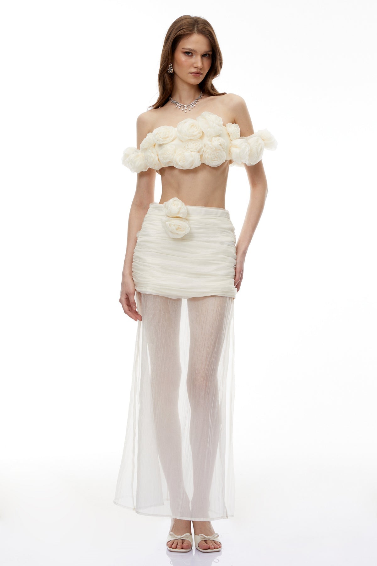 White Tulle Top & Skirt Set with 3D Florals