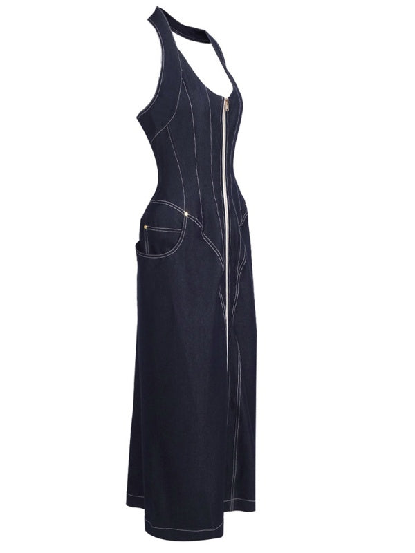 Backless Halter Blue Zipper Denim Maxi Long Gowns Dress