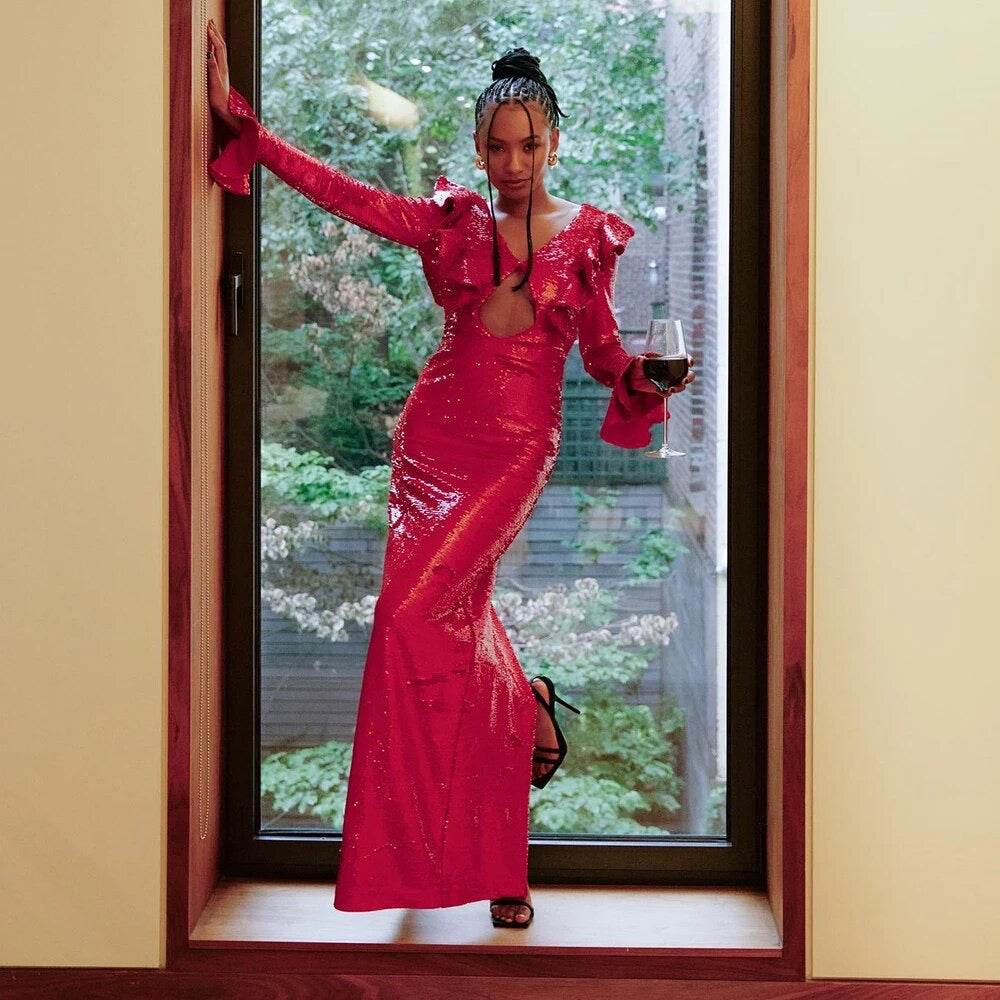 V-neck Long sleeved Ruffle Edge Sequin Open Back Long Dress - REBECATHELABEL