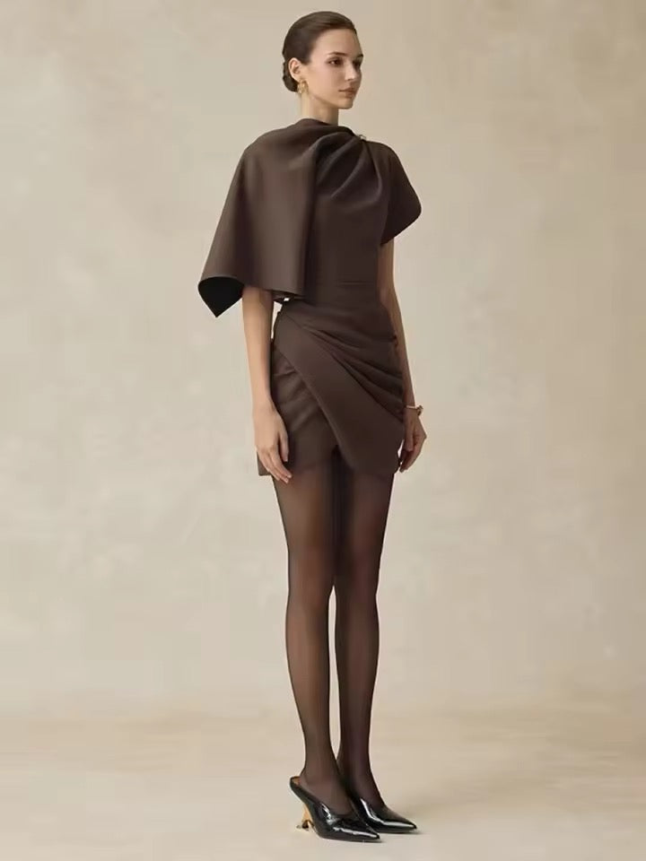 Brown Asymmetrical Gathered Mini Dress