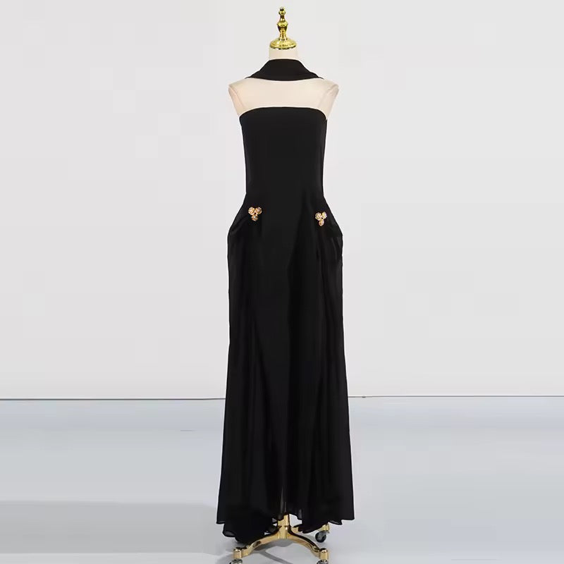 Pearl Flower Decorated Chiffon Strapless Black dress
