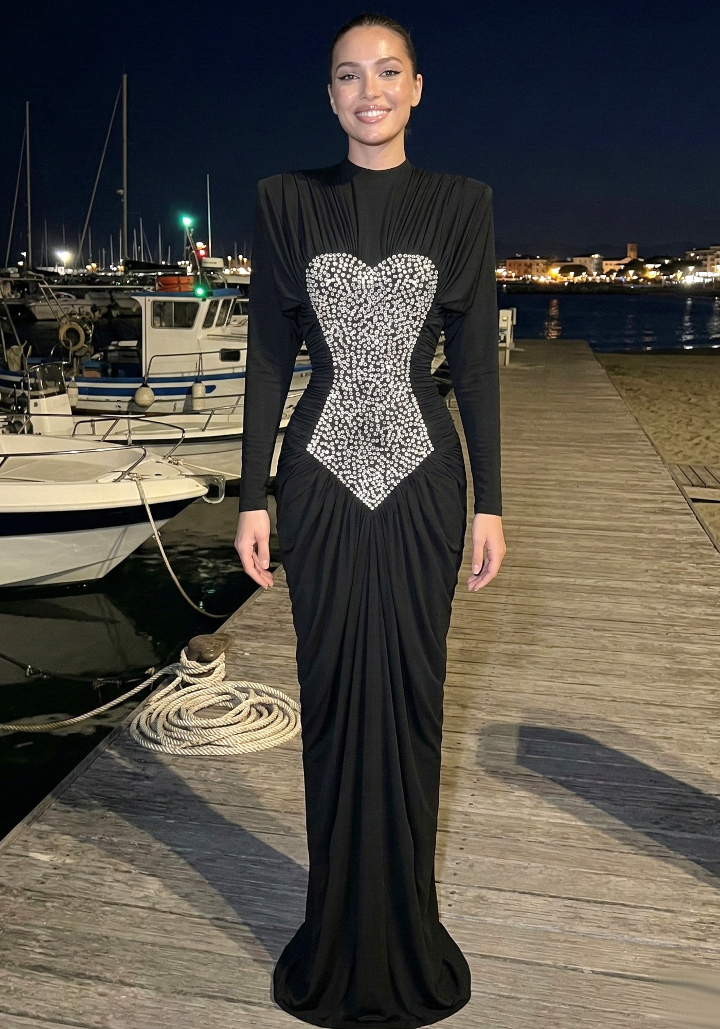 Long Sleeve Crystal Front Draped Maxi Dress Black