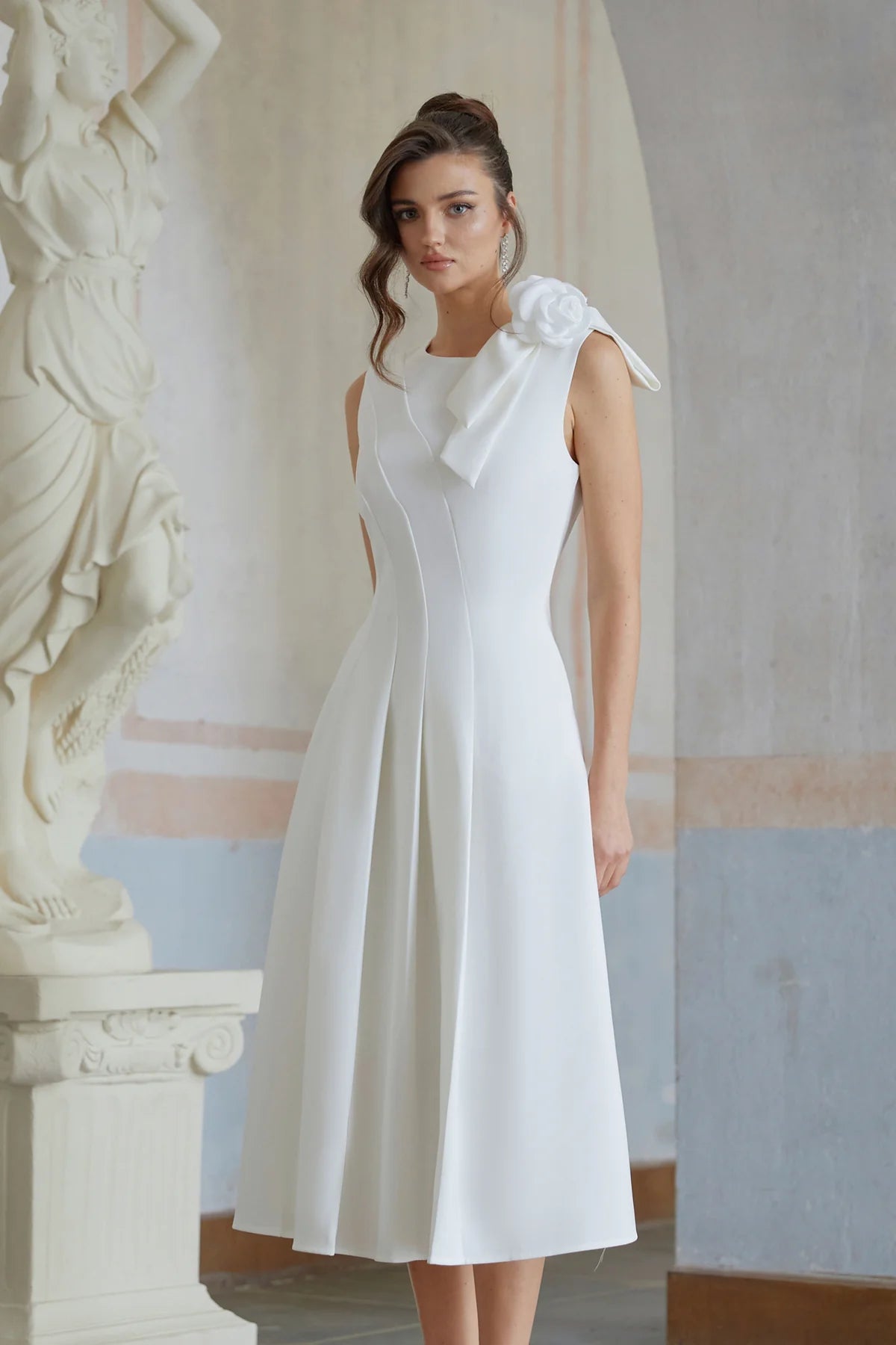 White Pleated Floral Midi Dress