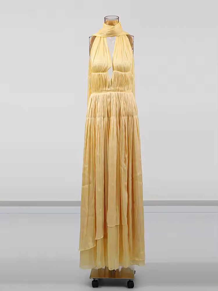 Deep V Neck Sleeveless Backless  Halter Draped Long Dress Folds Split Slim Dress