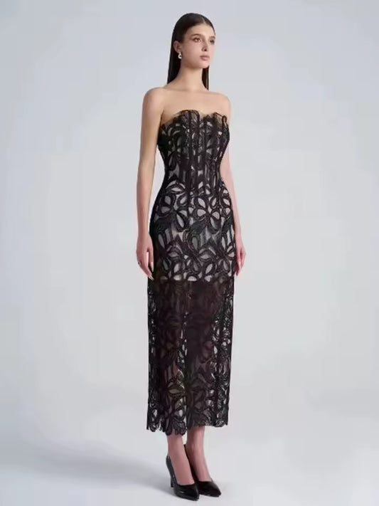Strapless Floral Lace Maxi Dress
