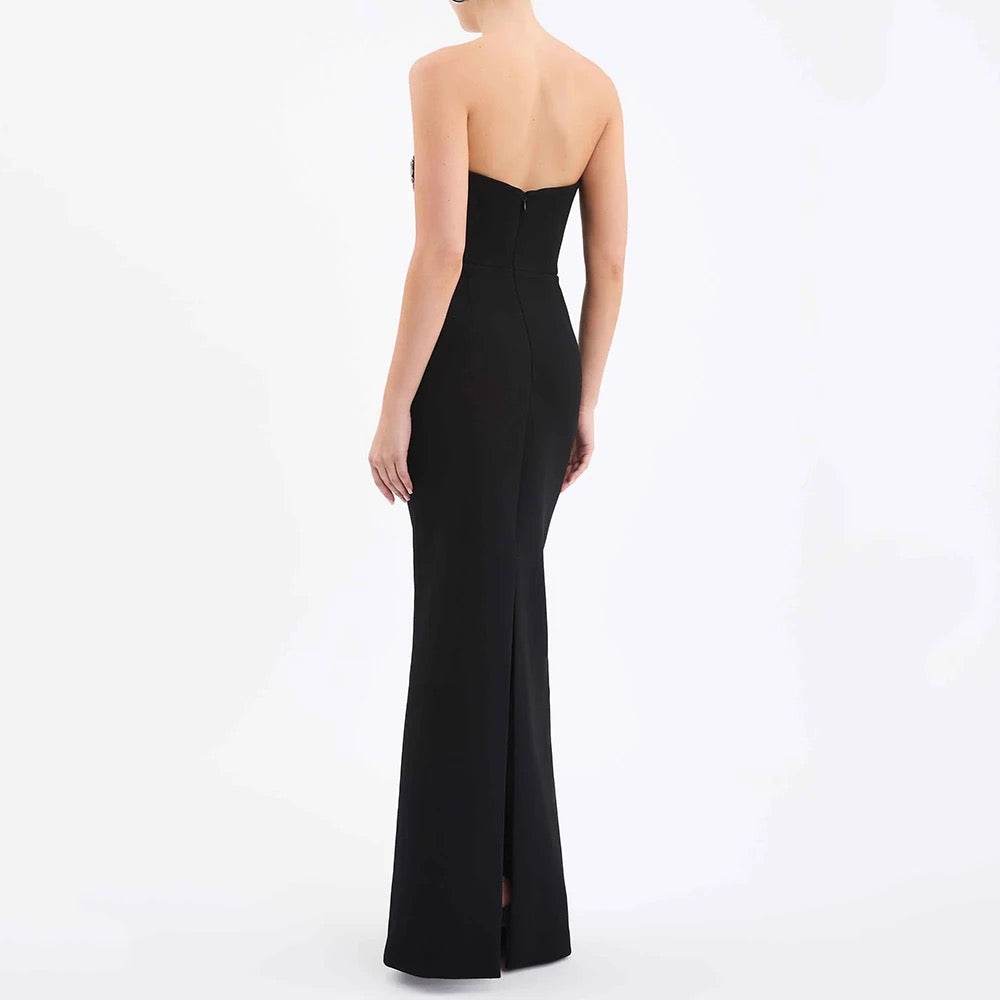 Velvet Sexy Strapless Lace Decoration V-neck Long dress - REBECATHELABEL