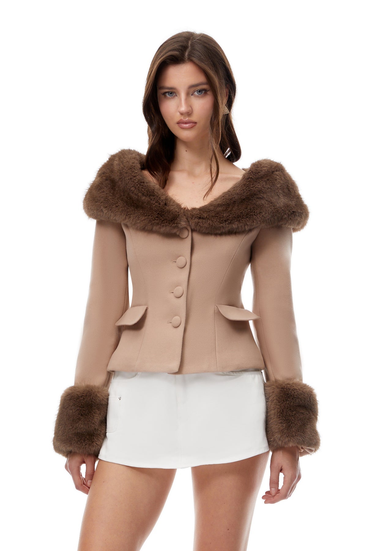 Fur Patchwork Wool Shawl Collar Woolen Short Coat