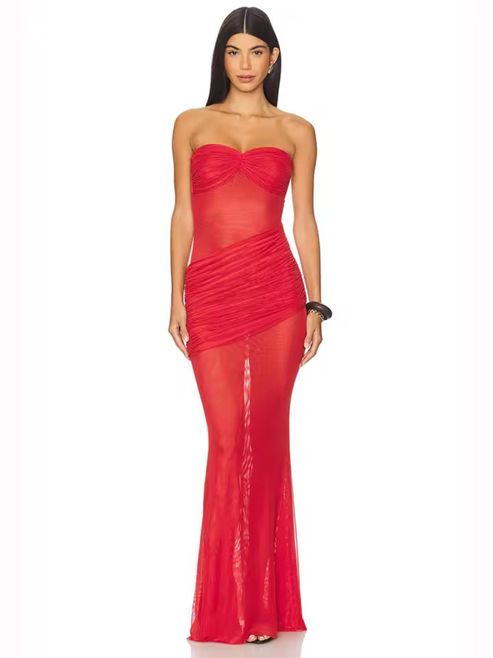 Strapless Mesh Patchwork Maxi Dress