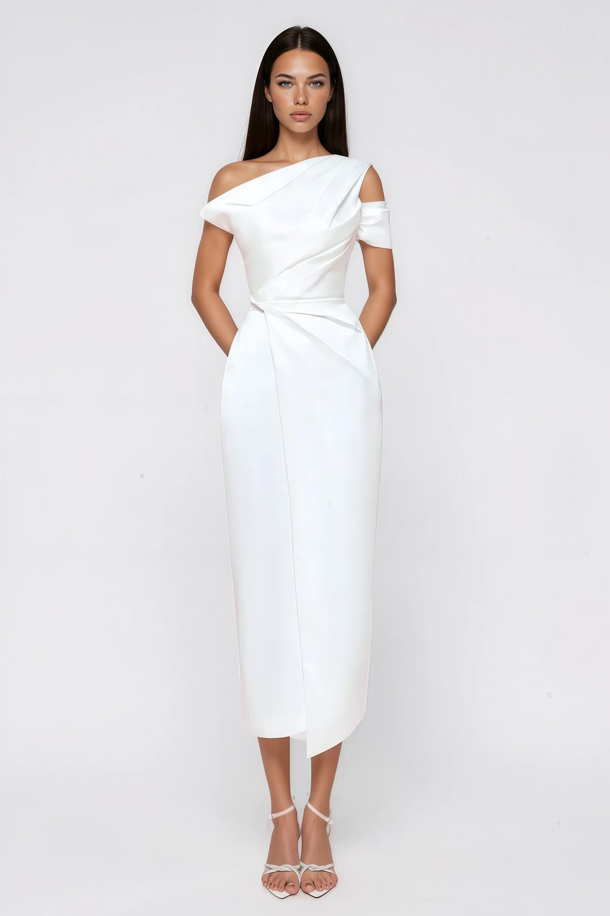 White One Shoulder Asymmetrical Midi Dress