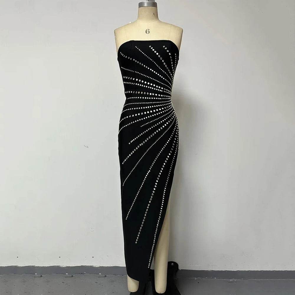 Strapless Diamond Sequins Asymmetric Maxi Split Bandage dress - REBECATHELABEL