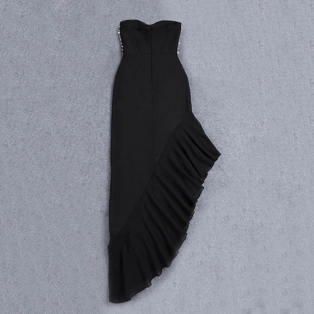 Unique Diamond Asymmetric Ruffle Edge Mesh Strapless dress - REBECATHELABEL