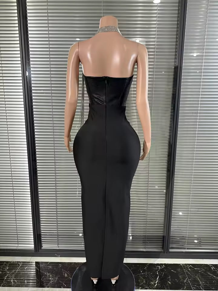 V-Neck Strap Shinning Long Chain  Bodycon Long Bandage Dress with no gloves