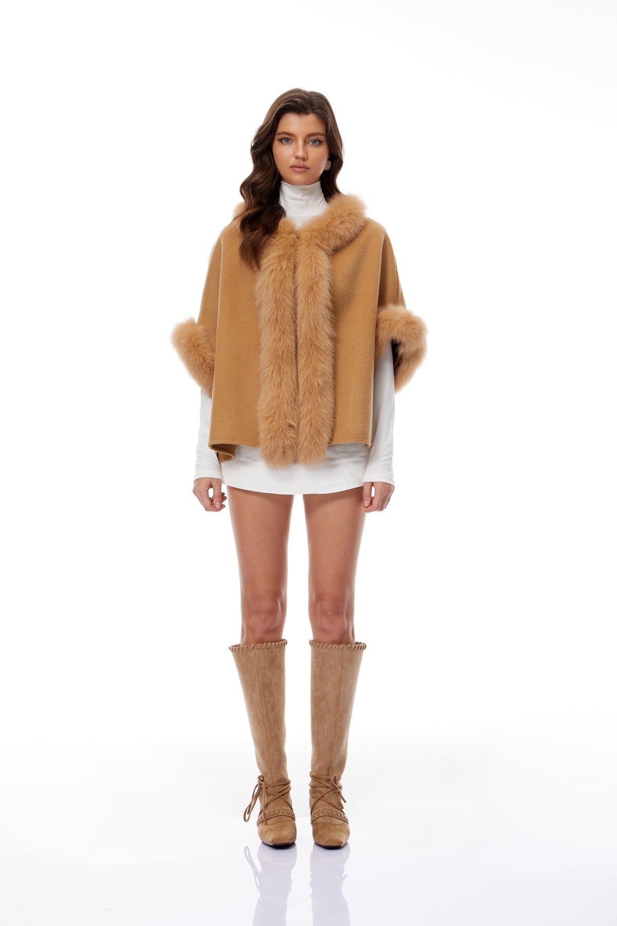 Light Brown Fur Panel Wool Cape Coat