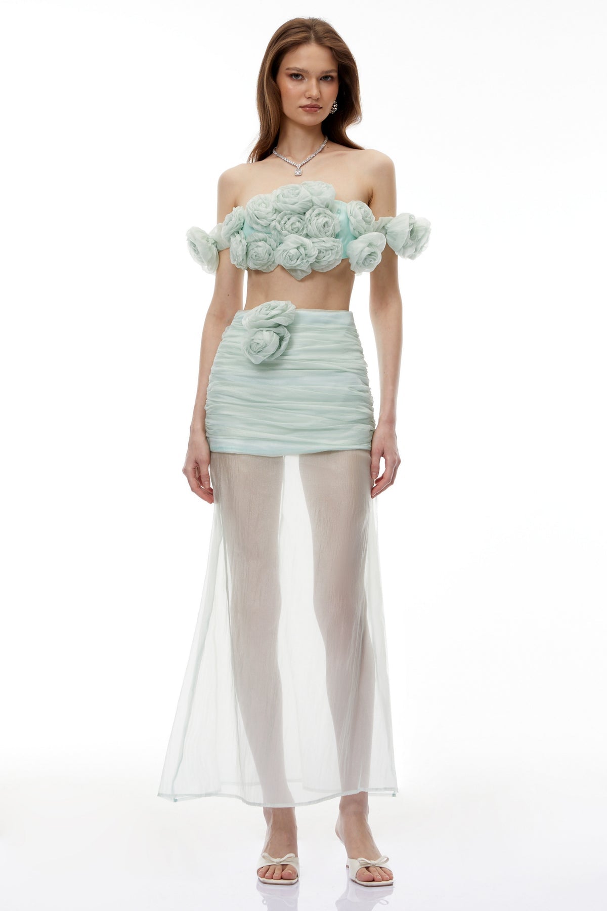 Green Tulle Top & Skirt Set with 3D Florals