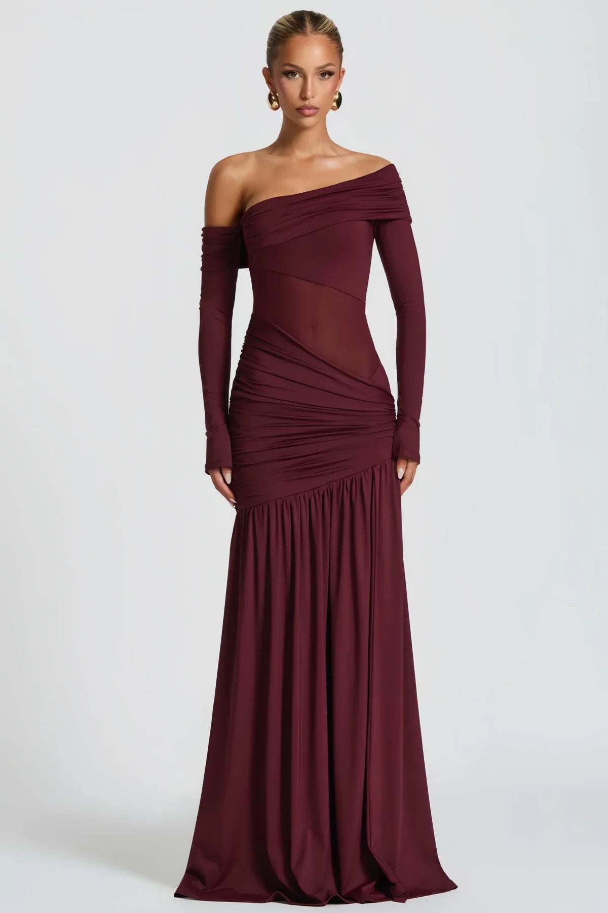 Burgundy One Shoulder Gathered Maxi Dress