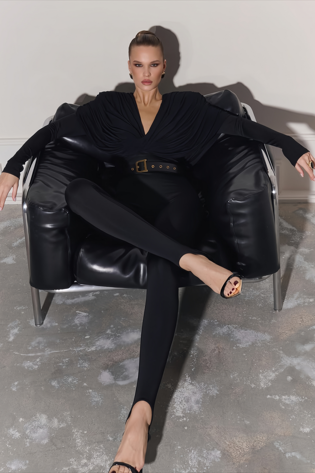 Black Deep V-Neck Draped Jumpsuit