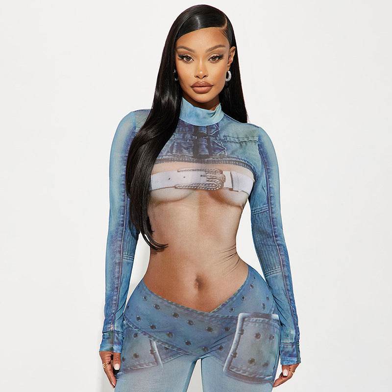 Imitation Denim Body Print Long Sleeve Turtleneck Horn One Piece - REBECATHELABEL