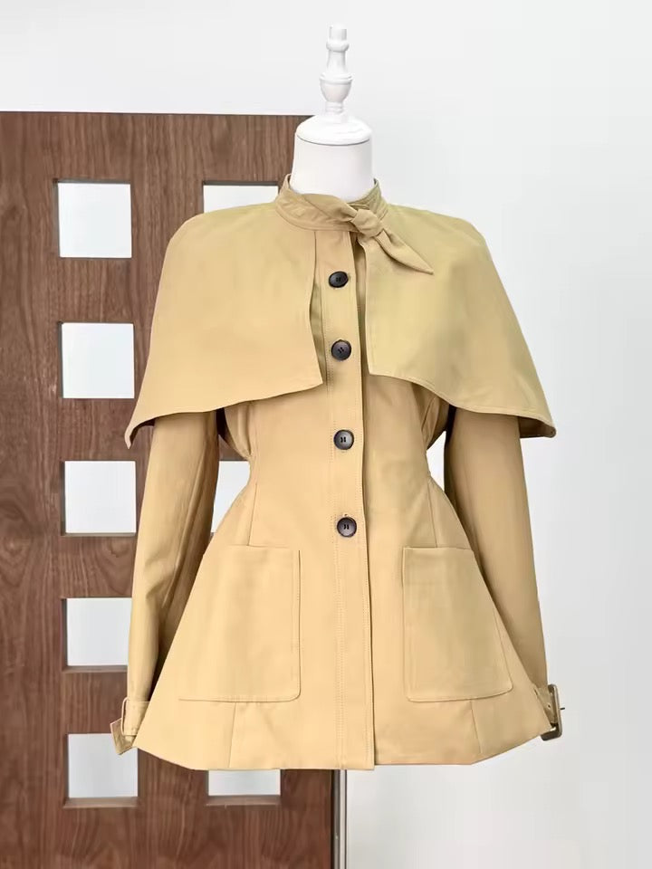 Spliced Bow Tie Cape Design Waist Tied Midi Trenchs