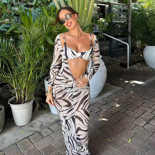 Mesh Cover Up Striped Bikini Set Beachwear Bathing Suitset - REBECATHELABEL