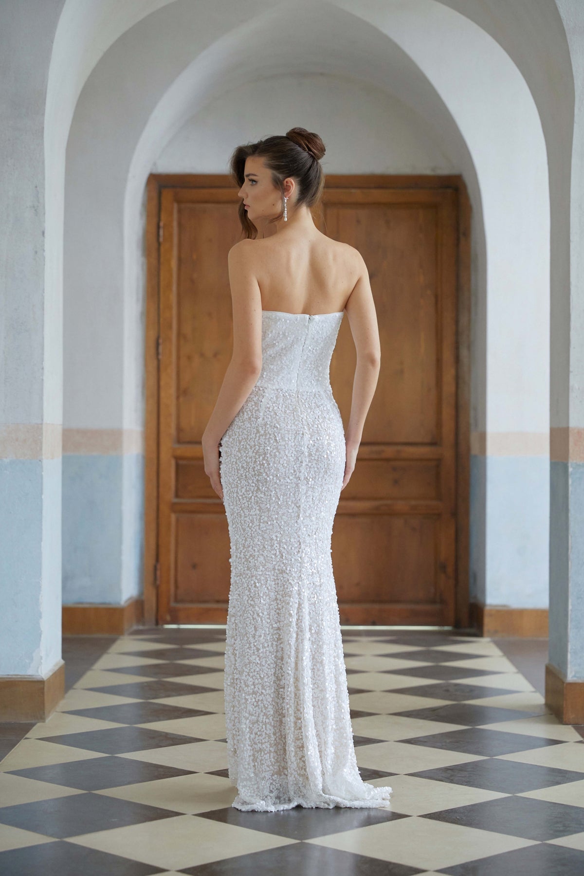White Faux Pearl Mesh Maxi Gown