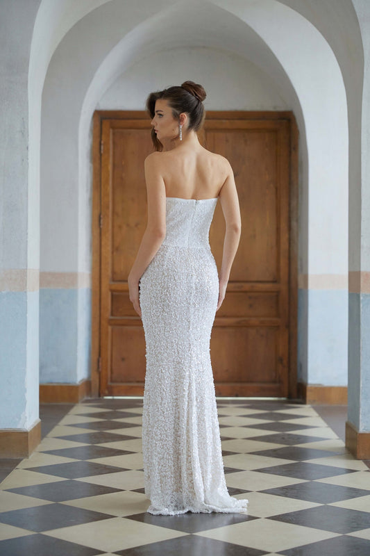 White Faux Pearl Mesh Maxi Gown