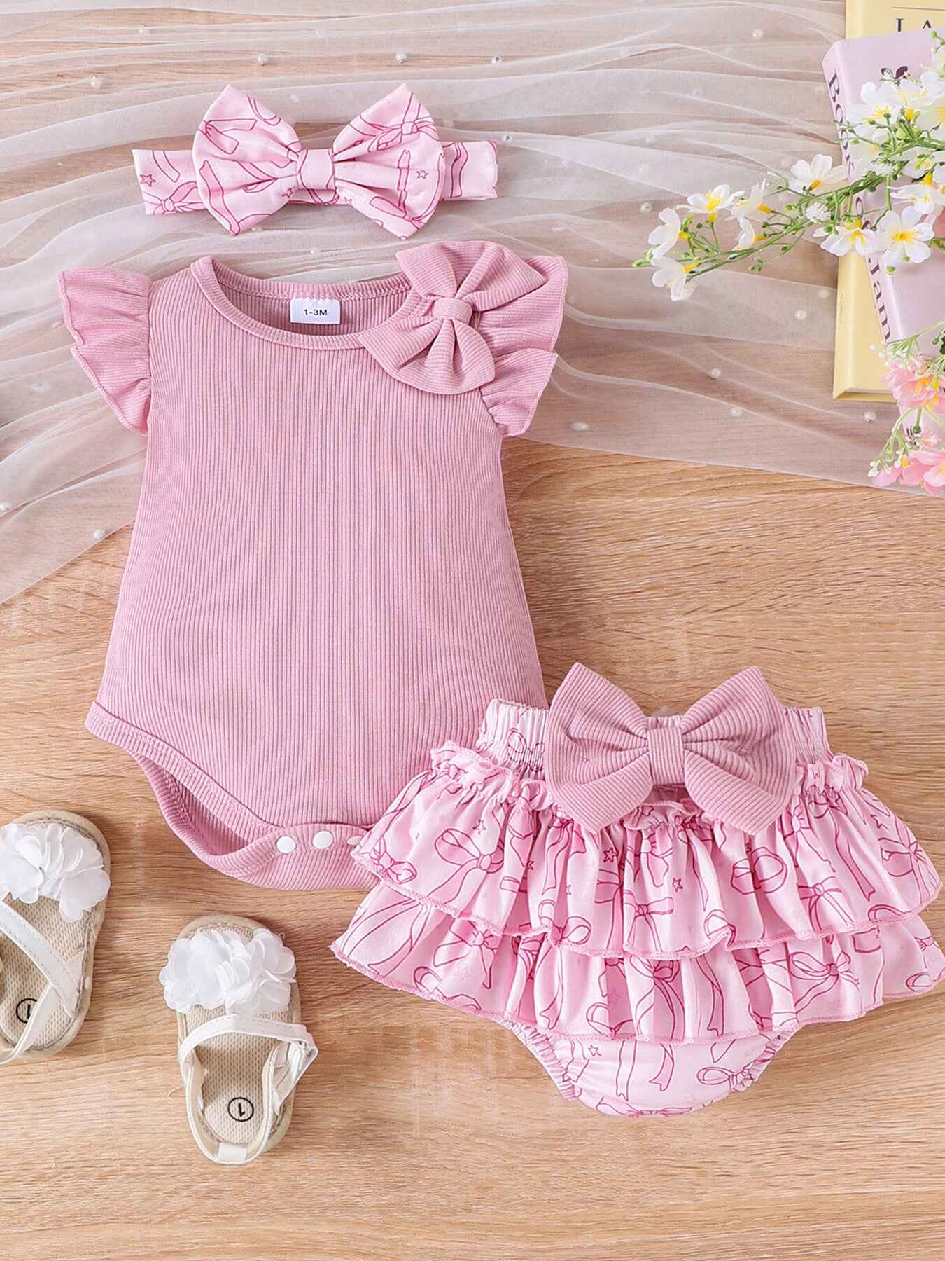 Children's Bowknot Ruffle Trim Bodysuit & Skort & Headband Set