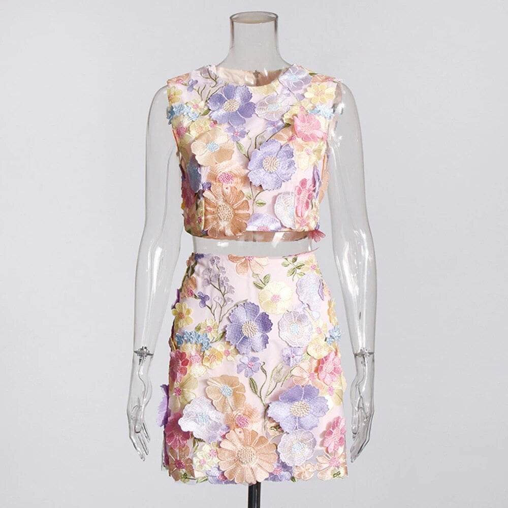 Lace Embroidered Flower Sleeveless Short Top Mini Skirt 2 - REBECATHELABEL