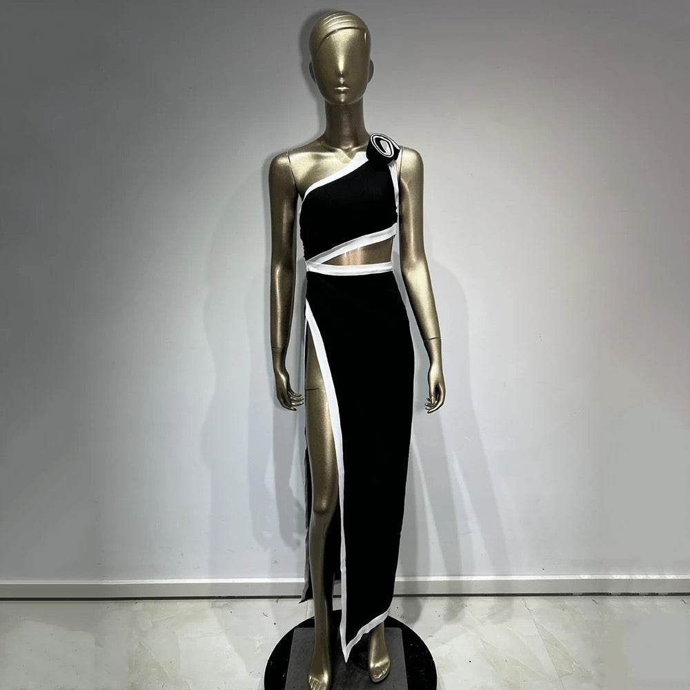 One Shoulder 3D Flower Hollow Asymmetric Split Long Bandage Dress - REBECATHELABEL