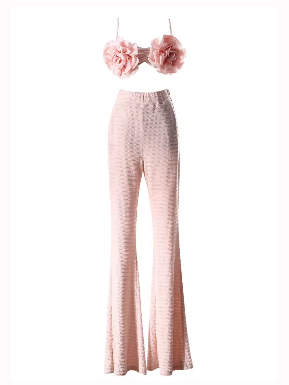 Pink Two Pieces Set Elastic Large Flower Crop Top+High Waist Flare Pants Set