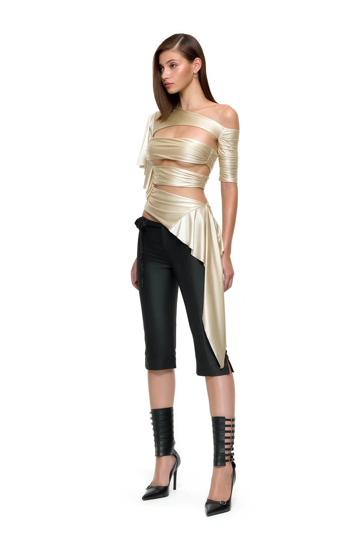 Beige Asymmetrical Cut Out Satin Top