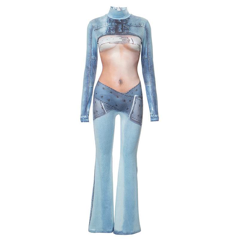 Imitation Denim Body Print Long Sleeve Turtleneck Horn One Piece - REBECATHELABEL