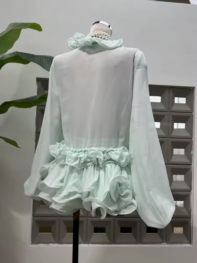 Culottes Two Piece Set Sexy Lace-up Ruffles Long Sleeves Top + Diamonds Mini Skirts Suits