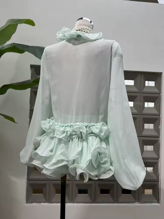 Culottes Two Piece Set Sexy Lace-up Ruffles Long Sleeves Top + Diamonds Mini Skirts Suits