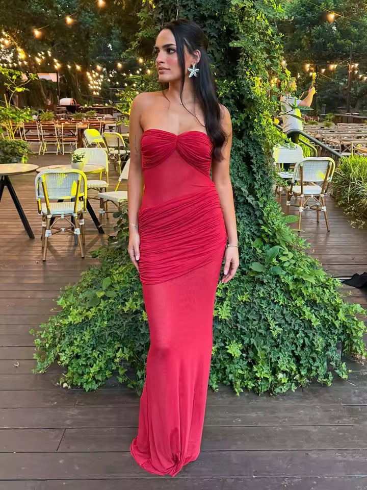 Strapless Mesh Patchwork Maxi Dress