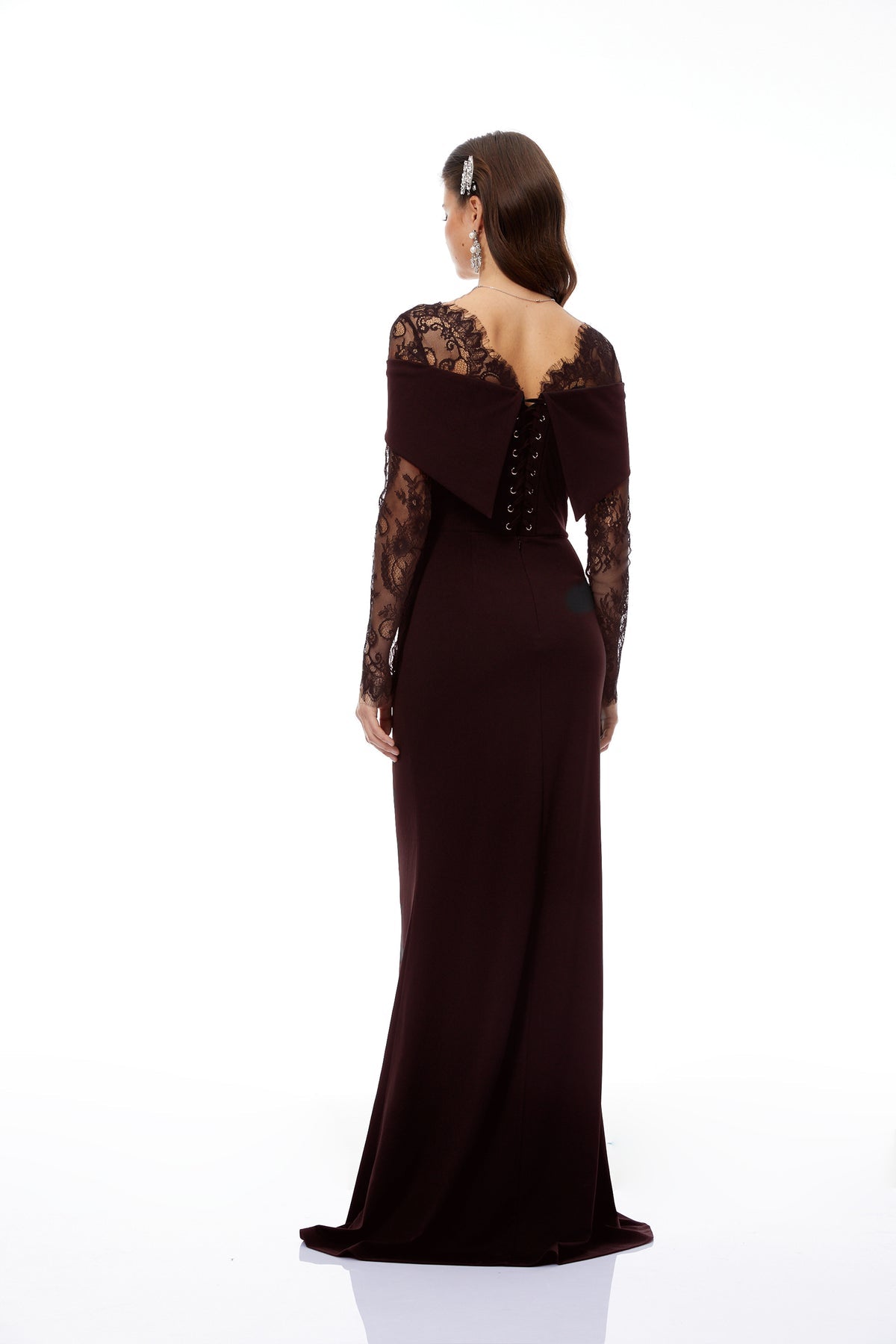Brown Lace Panel Flared Maxi Gown